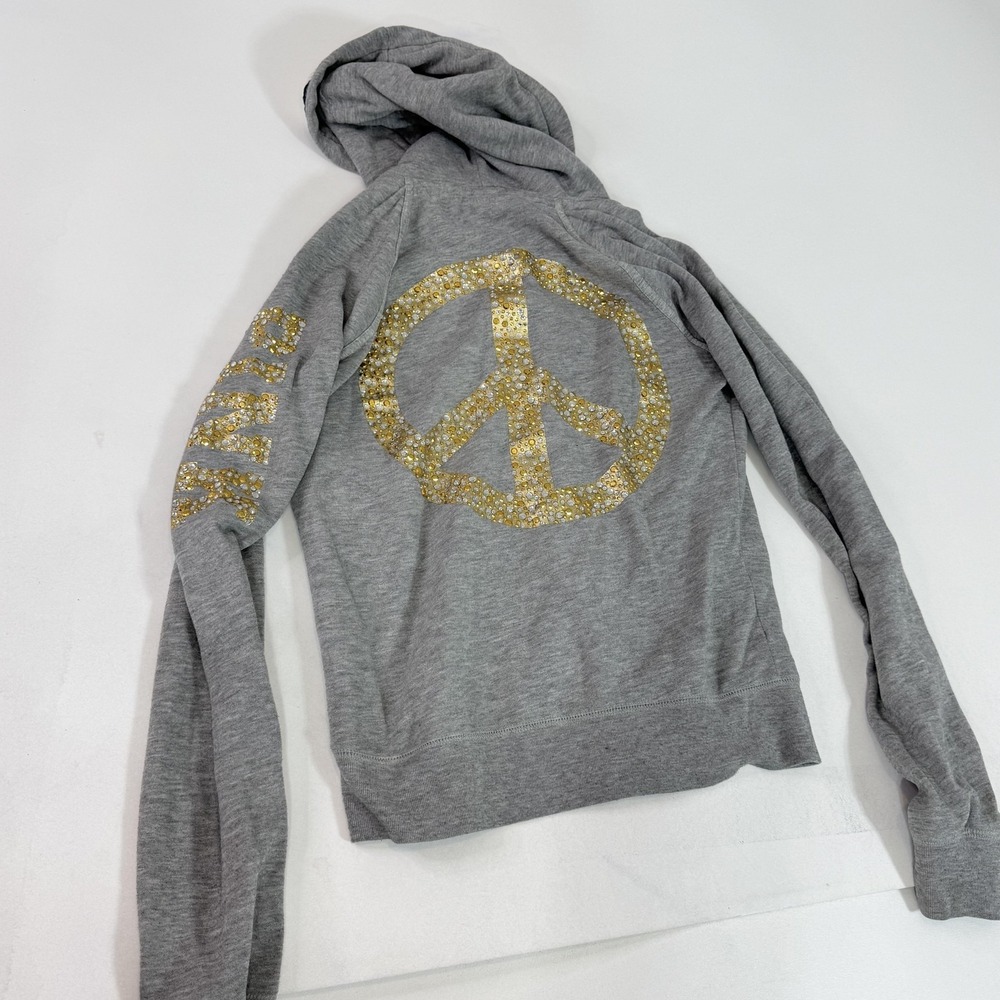 PINK Victoria's Secret Hoodie Womens Medium Gray Full Zip Rhinestone‎ Peace Dog